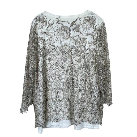Chico's Lace Overlay Top Cream Ivory‎ Size 2 M Sheer Fringe Long Sleeve Blouse - Picture 3 of 7